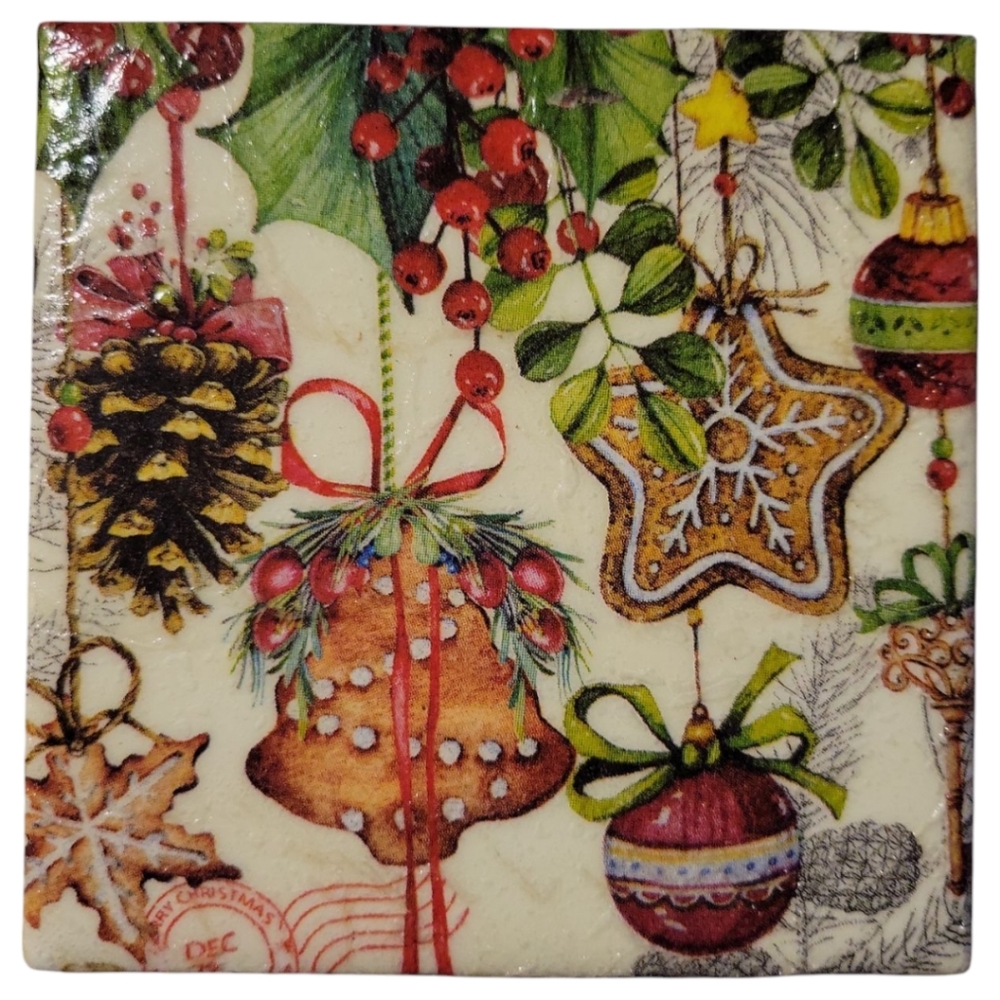 Vtg Christmas Coaster Ornament Pine Cone Bell Star Holly Berries Bow Decoupage